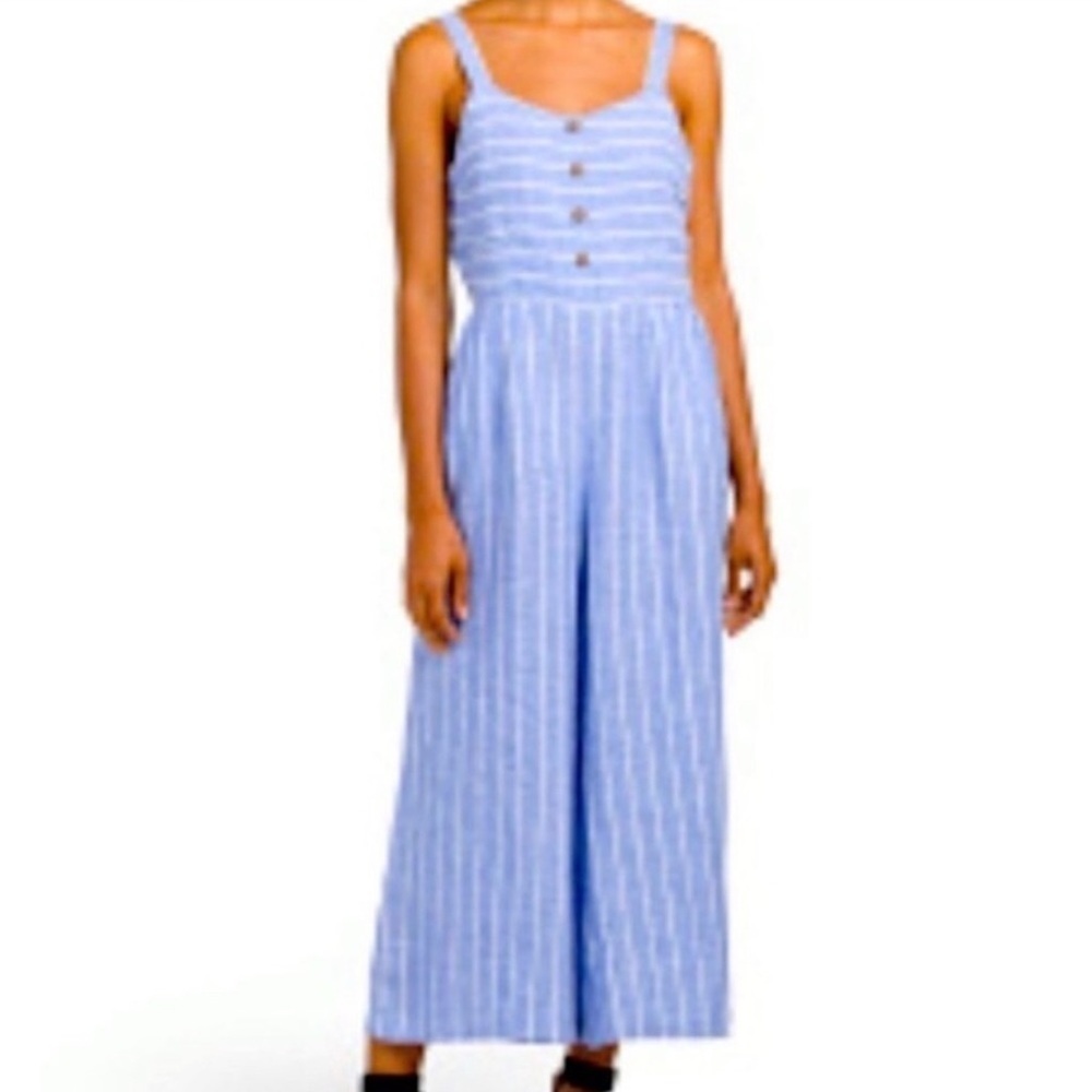 C&C California 100% Linen Blue White Wide Leg Sleeveless Jumpsuit Women’s US 4